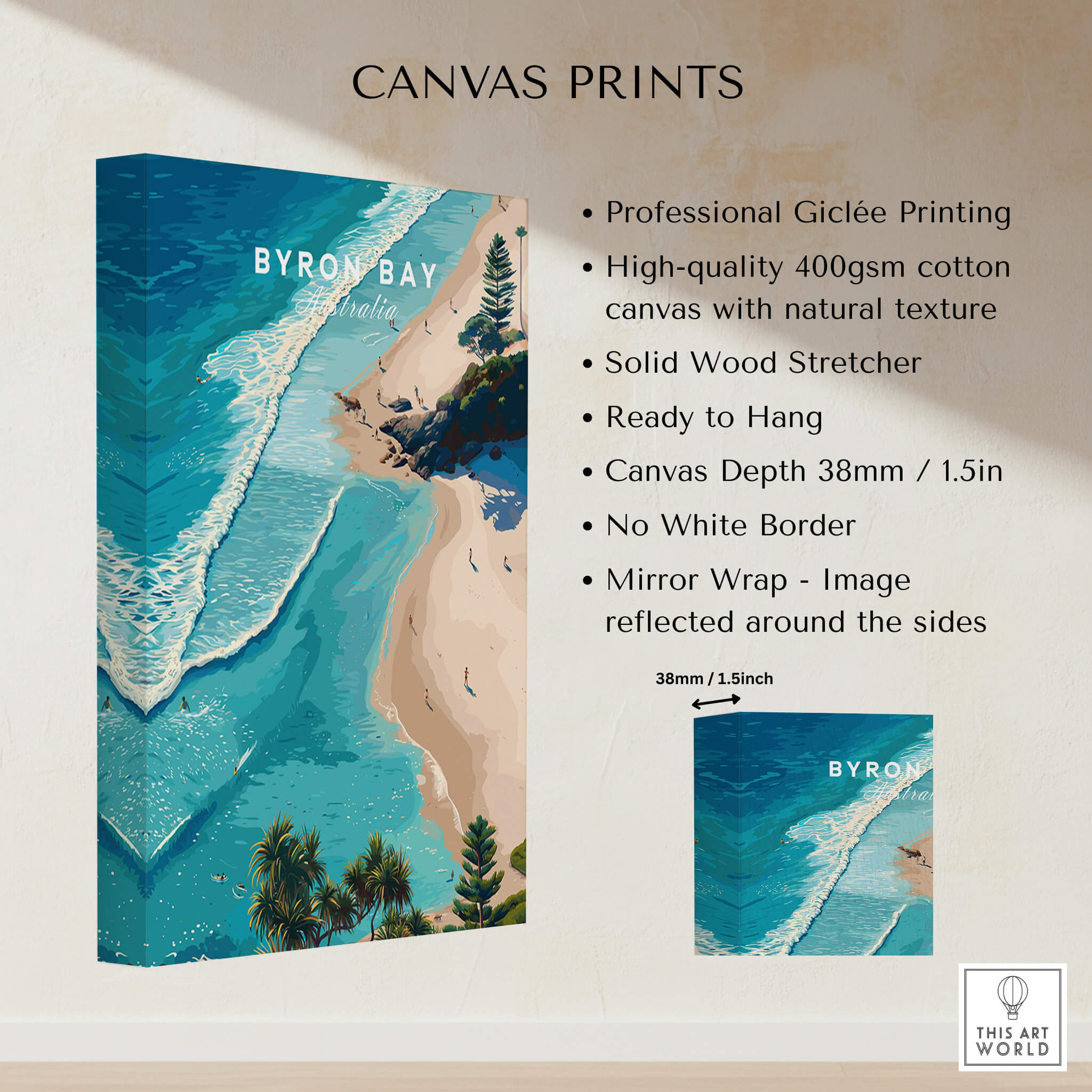 Byron Bay Art Print featuring aerial view of coastal landscape with turquoise waters and sandy shores.
