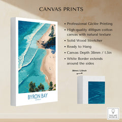 Byron Bay Beach Australia Canvas Art Print showcasing professional Giclée printing on high-quality cotton canvas.