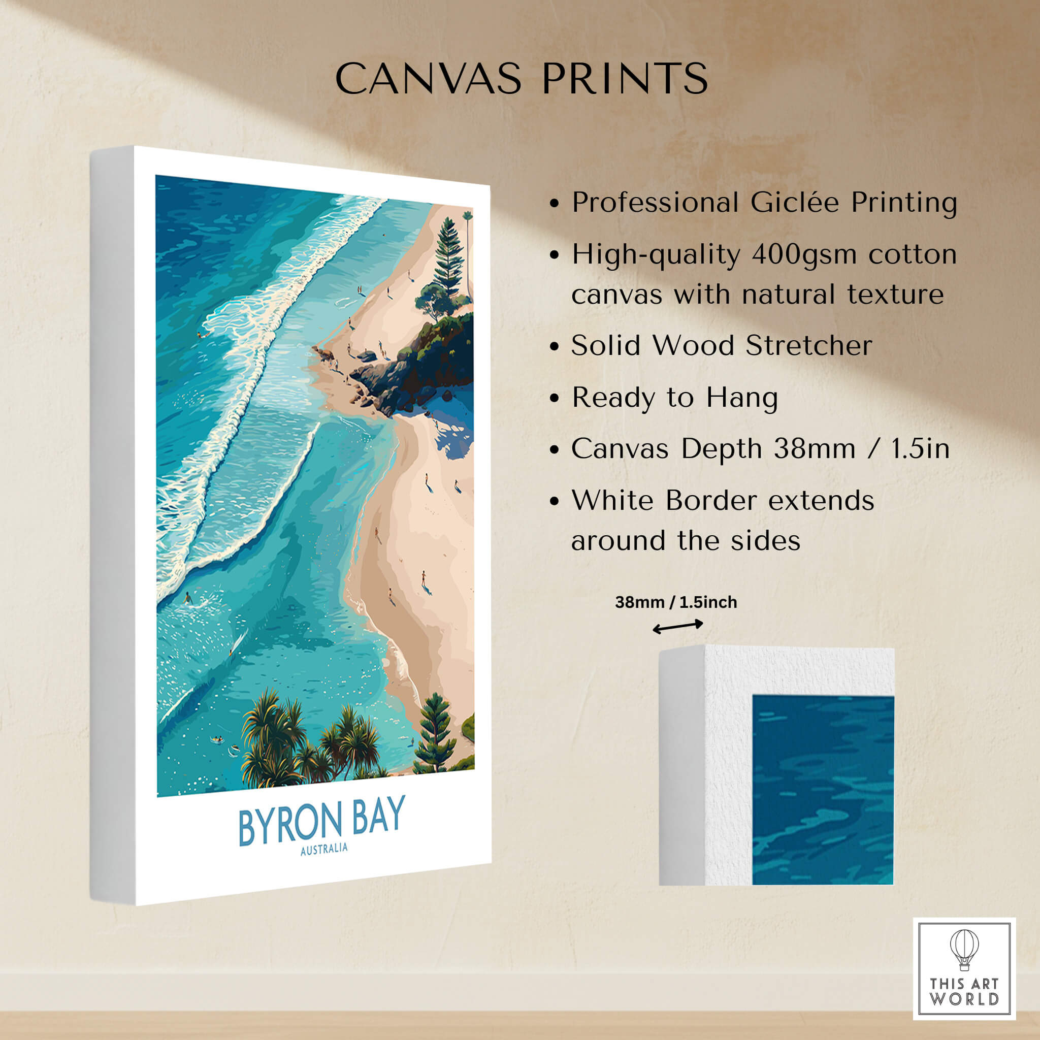 Byron Bay Beach Australia Canvas Art Print showcasing professional Giclée printing on high-quality cotton canvas.