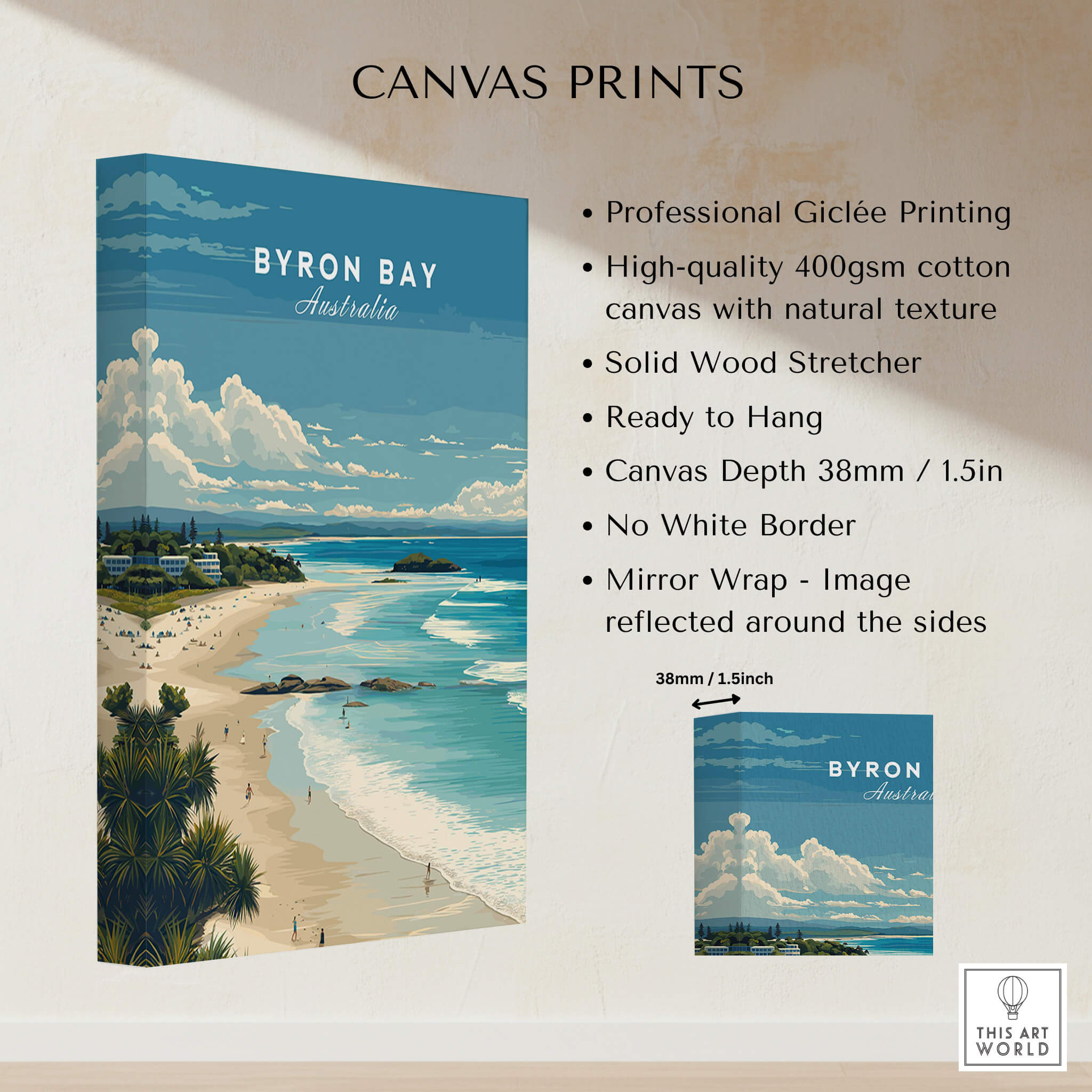 Byron Bay Poster - Canvas Beach Print showcasing professional giclée printing and natural canvas texture.