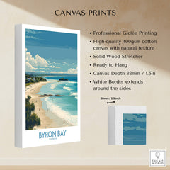 Byron Bay Wall Art Australia Travel Print showcasing coastal scenery and lighthouse on canvas.