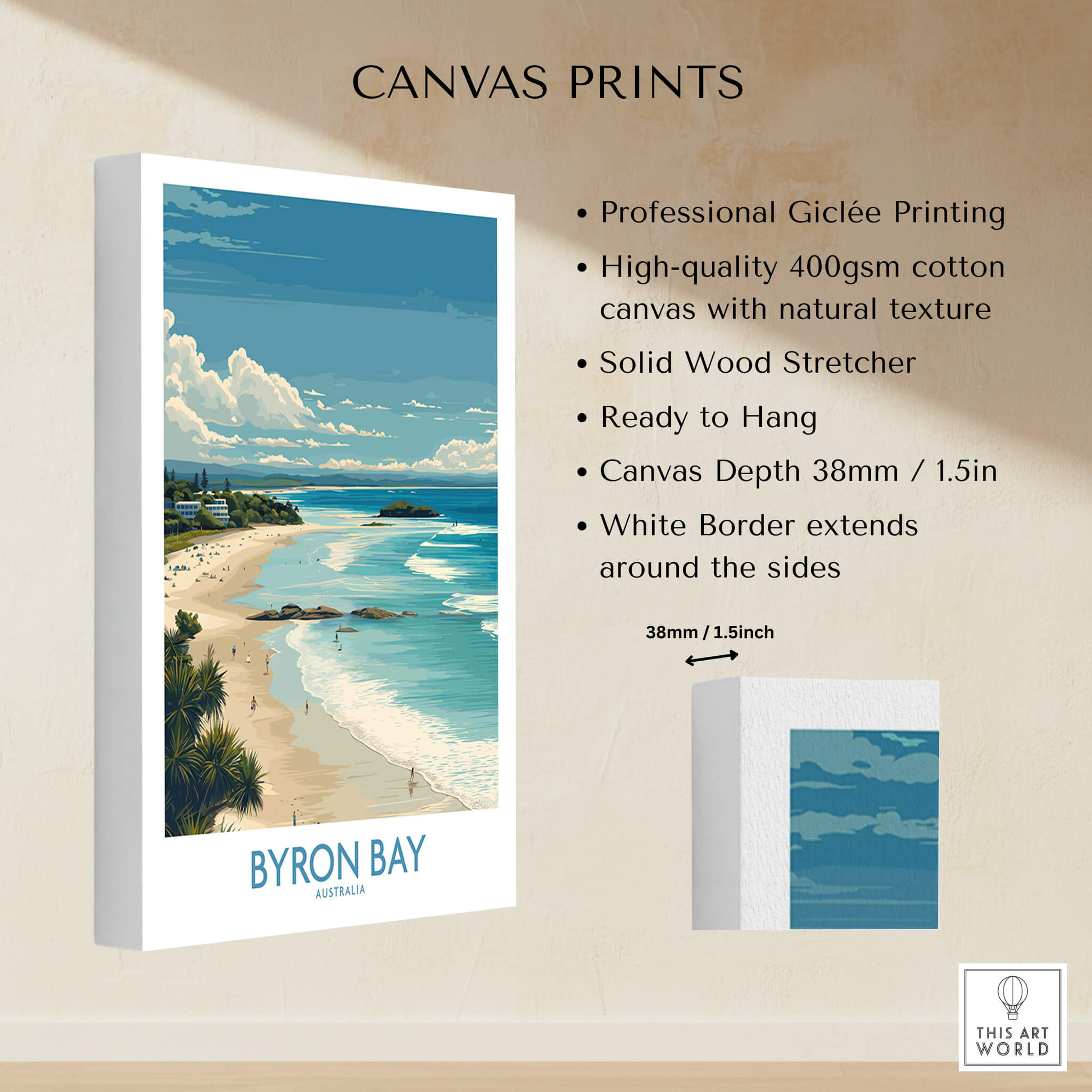 Byron Bay Wall Art Australia Travel Print showcasing coastal scenery and lighthouse on canvas.