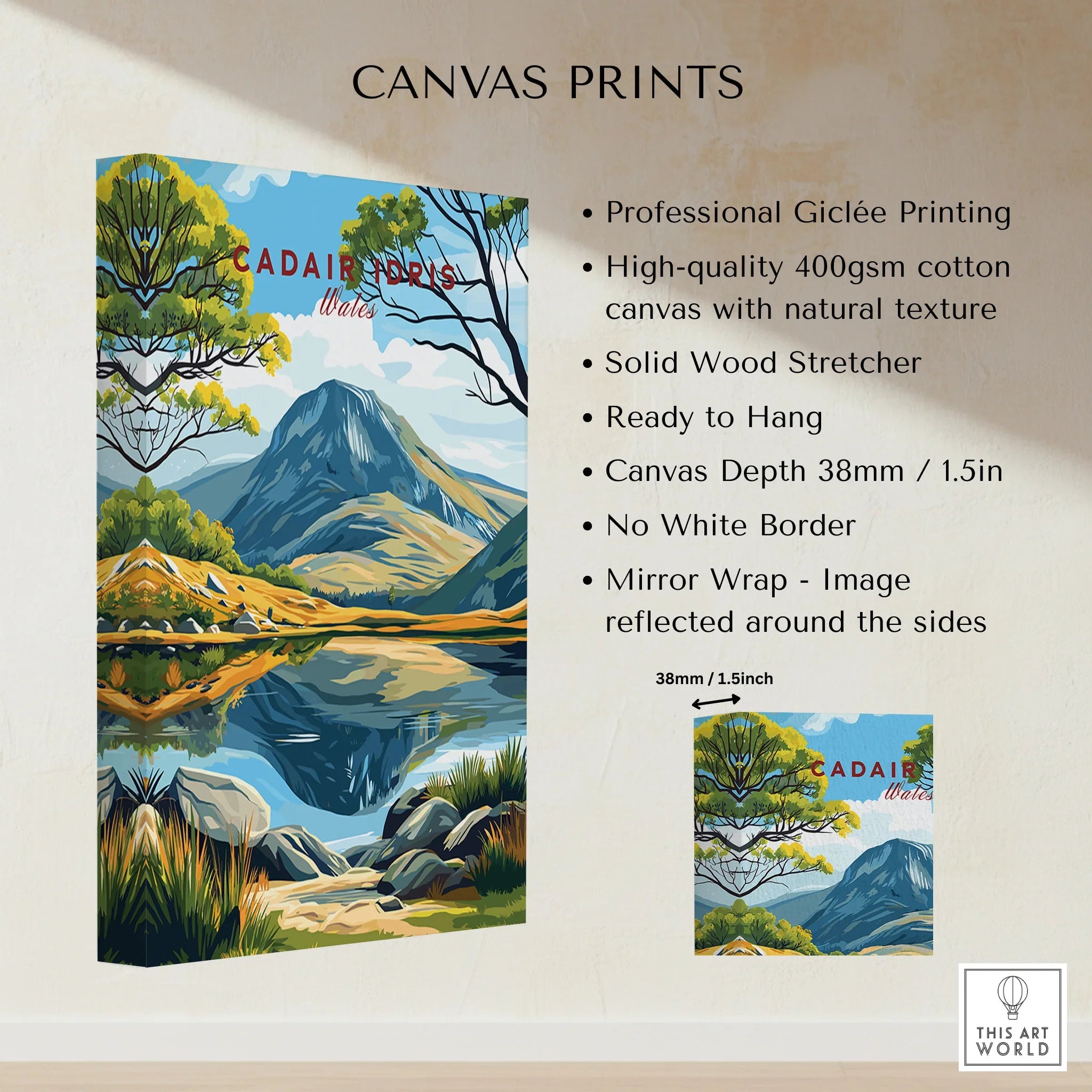 Cadair Idris Wales canvas print with mountain landscape, lake reflection, and vivid colors.