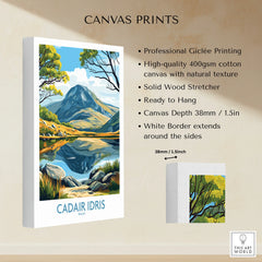 Stretched canvas wall art print of Cadair Idris mountain with lake reflection, nature landscape decor.