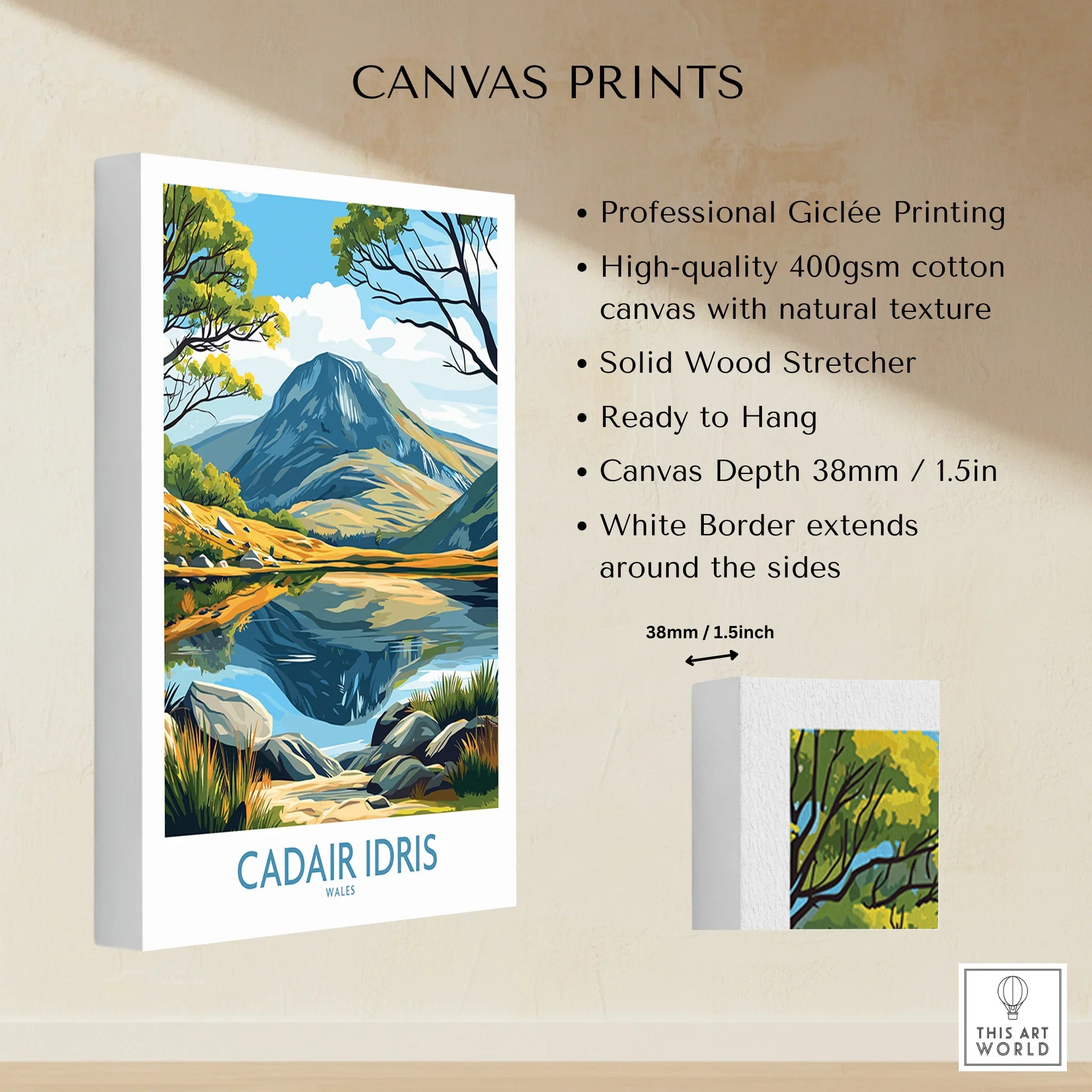 Stretched canvas wall art print of Cadair Idris mountain with lake reflection, nature landscape decor.