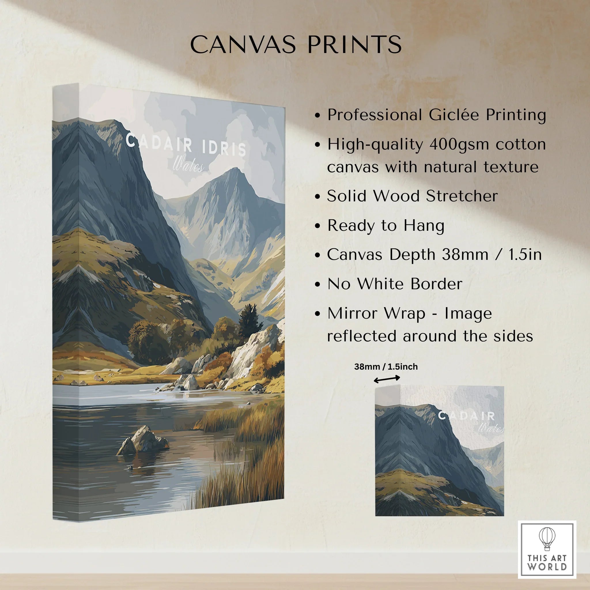 CADAIR IDRIS Wales mountain landscape canvas print with lake, showcasing cotton texture and mirror wrap edges.