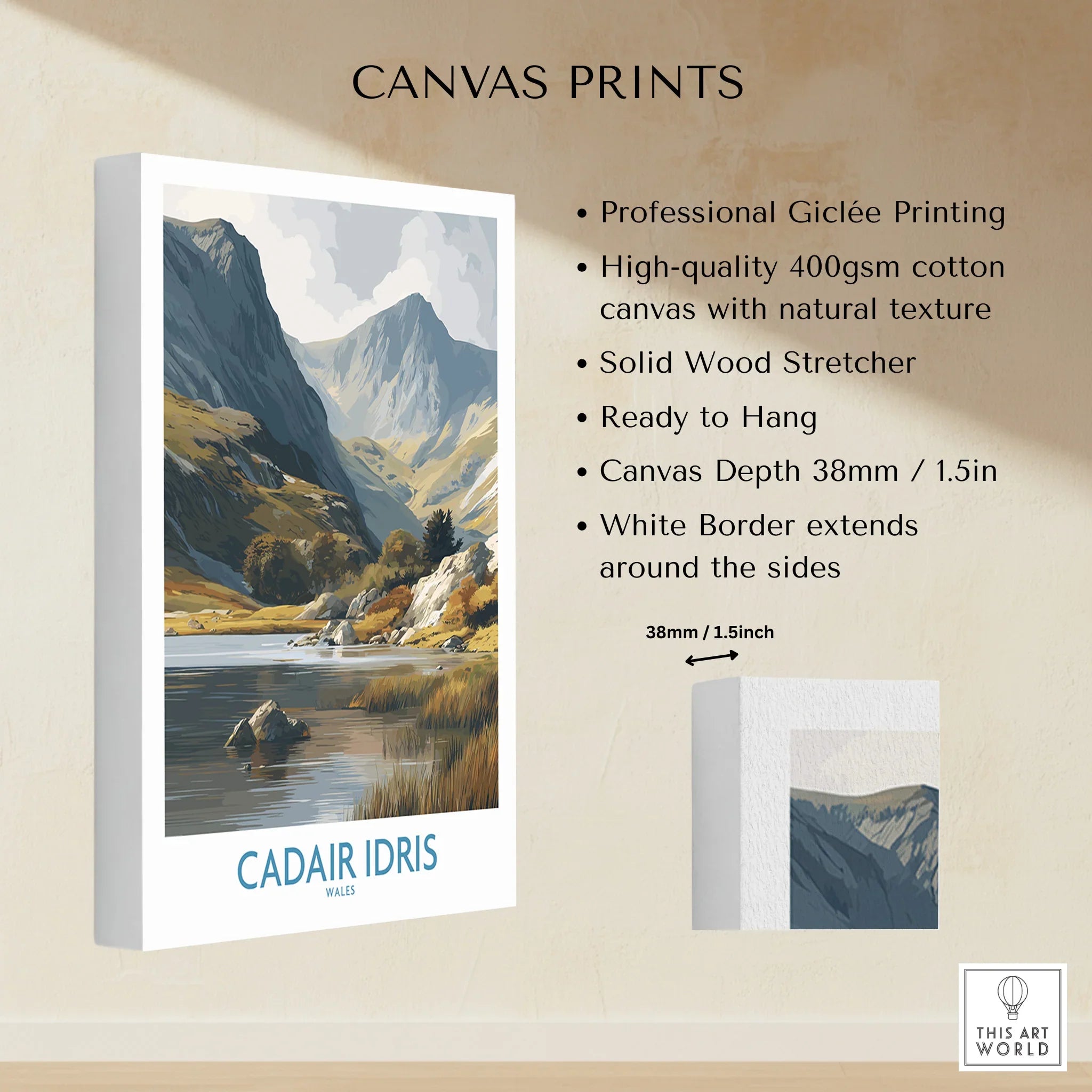 CADAIR IDRIS Wales canvas print featuring mountain landscape, lake, and scenic wall art details.