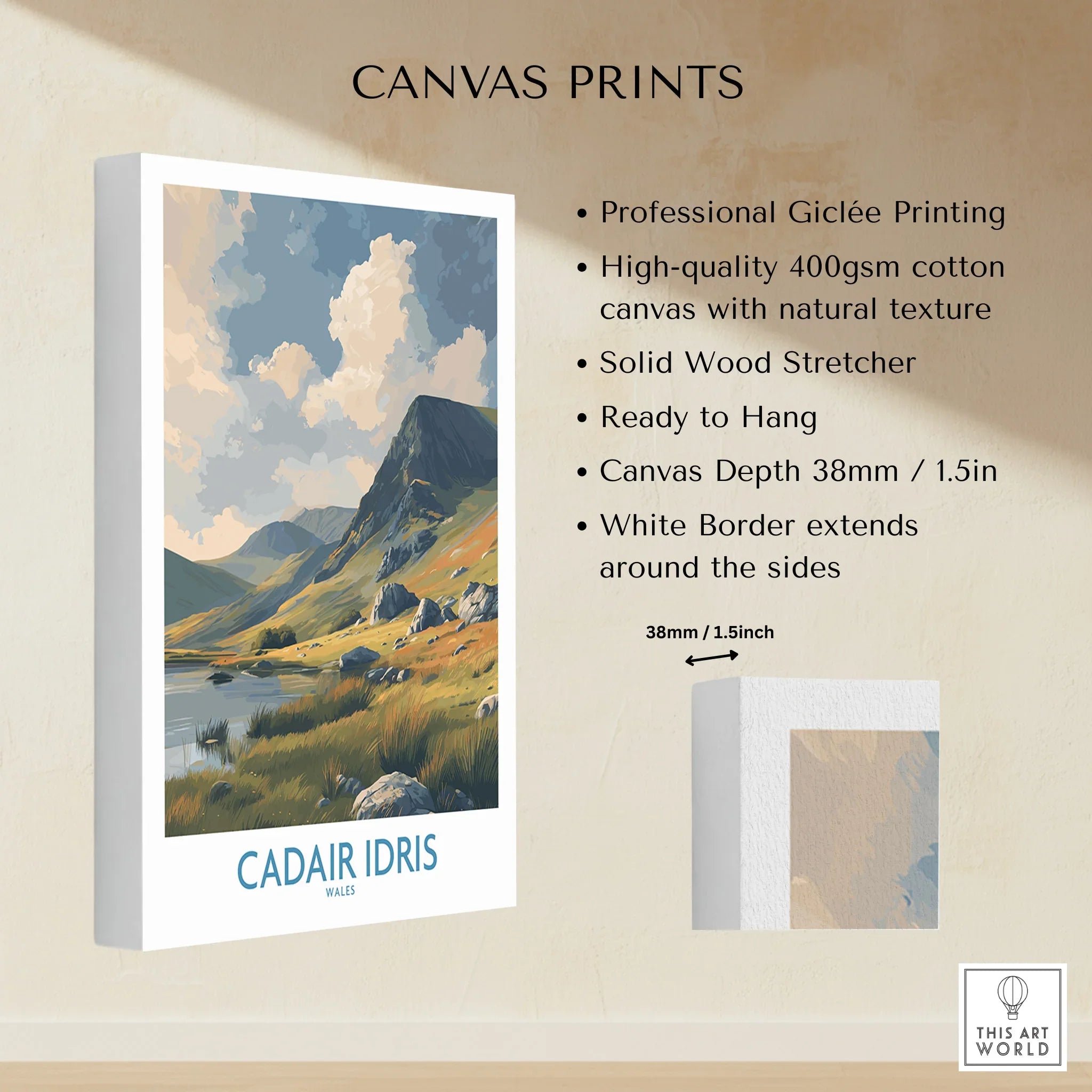 Stretched canvas print of Cadair Idris Wales mountain landscape with white border, ready to hang.