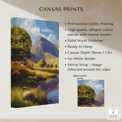 Cader Idris Wales canvas print with mountain landscape, natural colors, and product details.