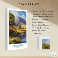 Stretched canvas print featuring Cader Idris mountain landscape with trees and river, ready to hang.