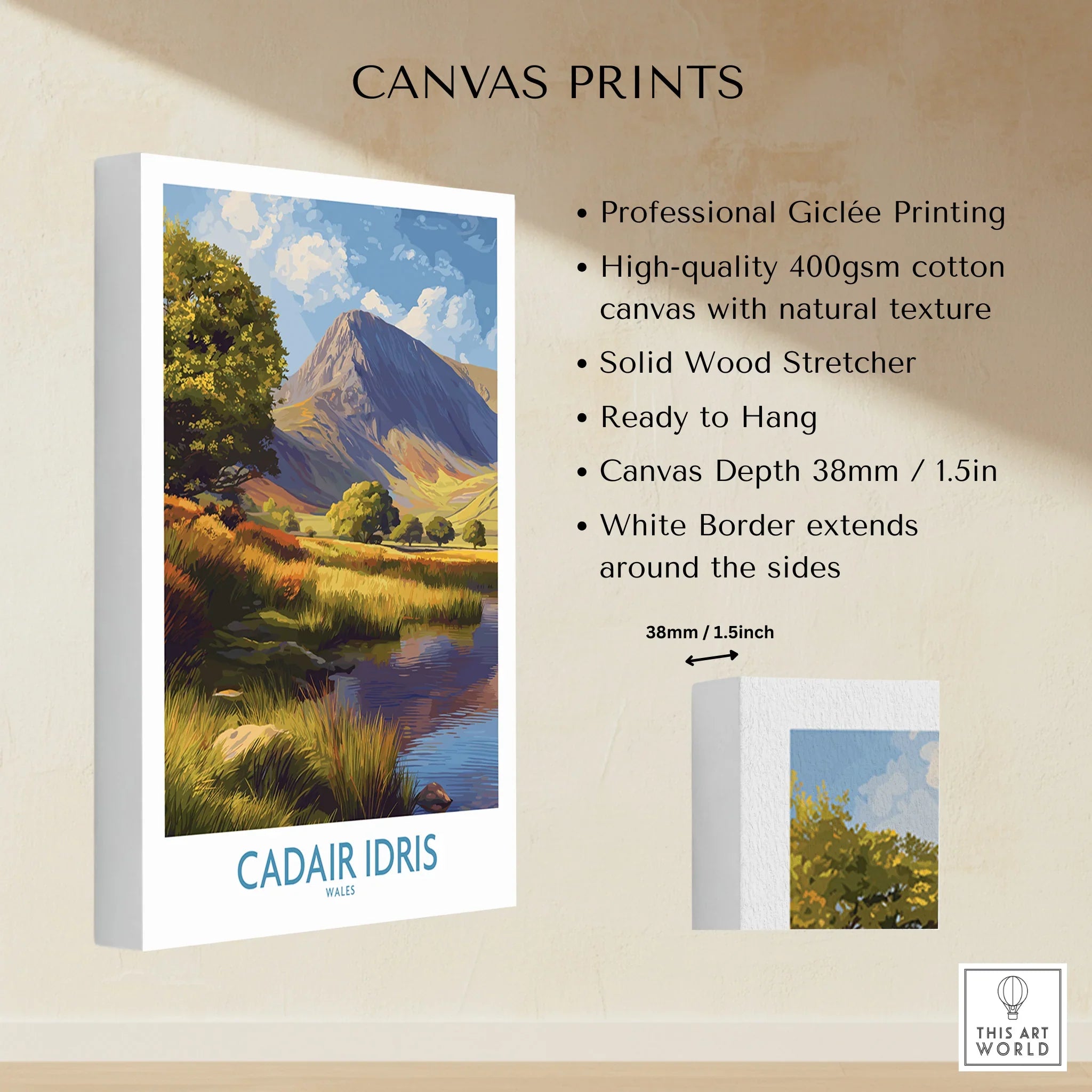 Stretched canvas print featuring Cader Idris mountain landscape with trees and river, ready to hang.