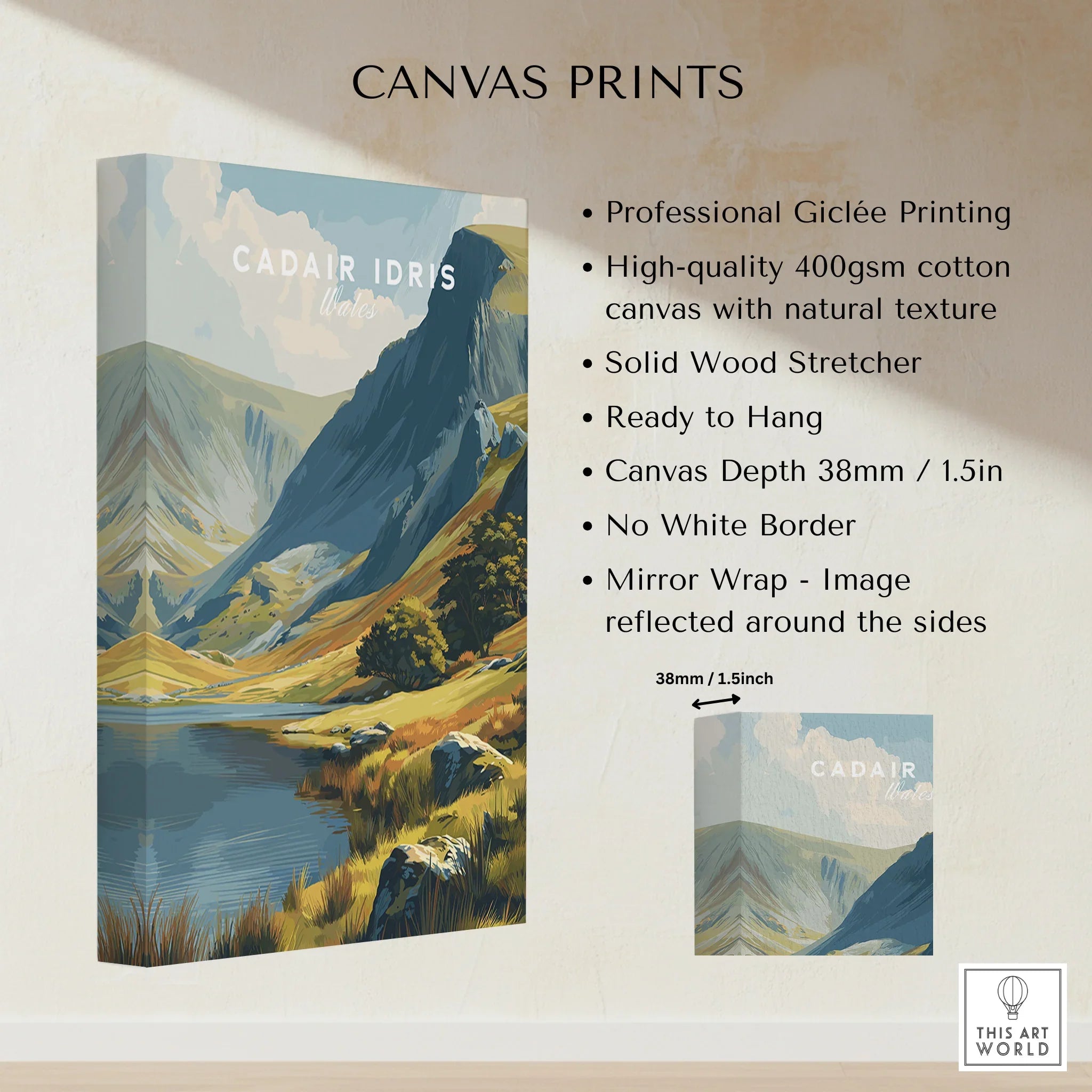 CADAIR IDRIS Wales stretched canvas print with mountain landscape, cotton texture, and mirror wrap sides