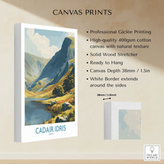 CADAIR IDRIS Wales canvas print showing a scenic mountain landscape with lake, thick white border.