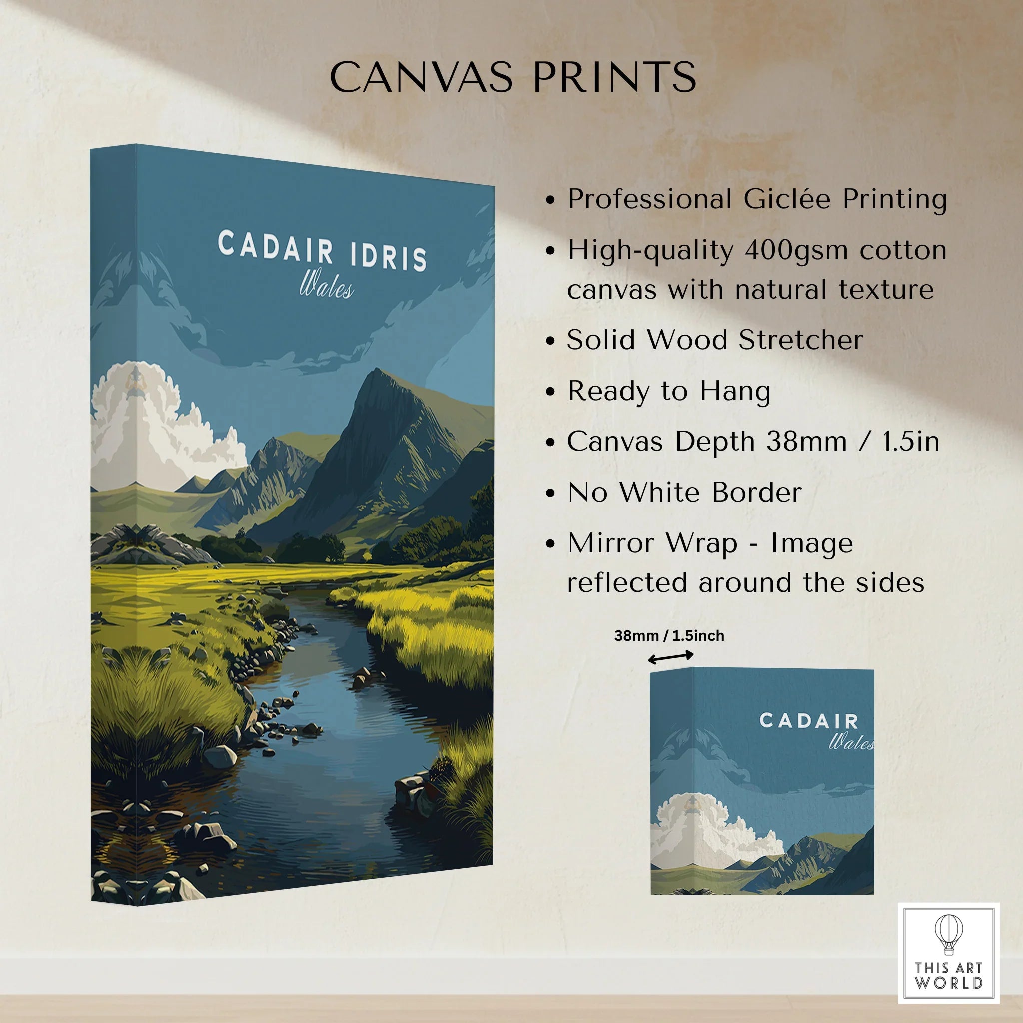 Canvas print of Cader Idris mountain landscape with river, Wales wall art, cotton canvas details