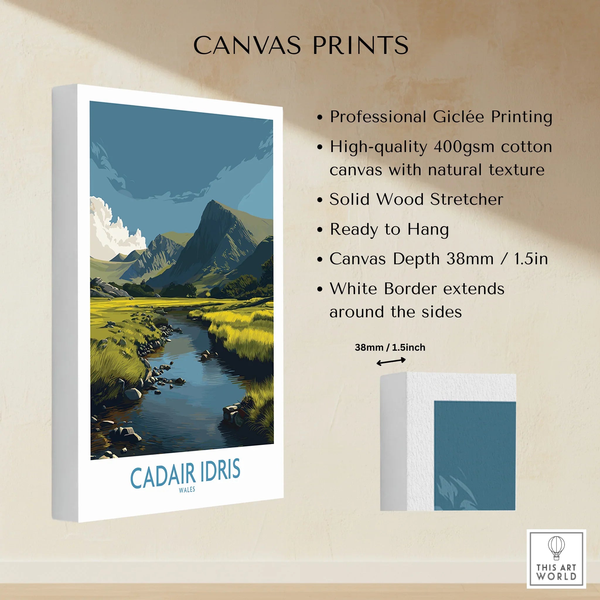CADAIR IDRIS Wales canvas print featuring landscape art, premium cotton canvas, white border, ready to hang