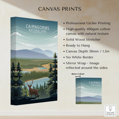Cairngorms National Park canvas print with illustrated landscape, deer, pine trees, and mountains