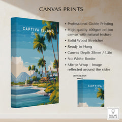 Captiva Island Travel Poster – Florida Beach Houses and Palm Trees Art canvas print with tropical scenery and natural texture.