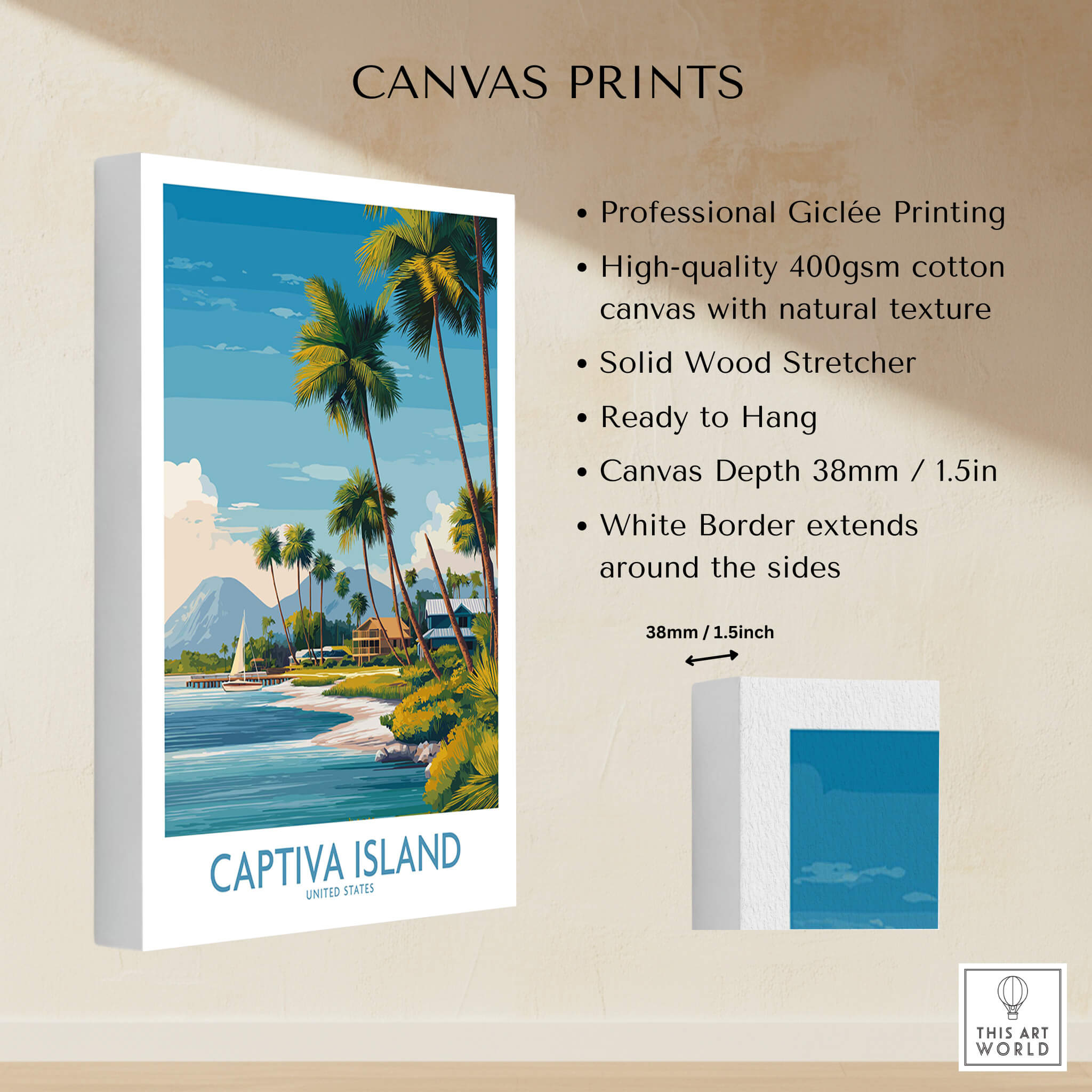 Captiva Island Florida Wall Art – Tropical Coastline and Sailboat Decor showcasing a vibrant coastal scene with palm trees.