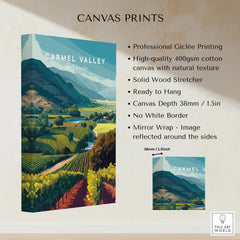 Carmel Valley California landscape canvas print with vineyard illustration and product features.