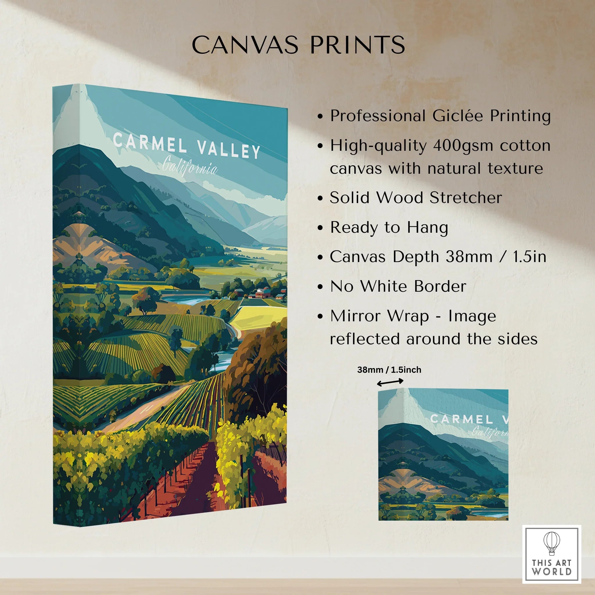 Carmel Valley California landscape canvas print with vineyard illustration and product features.