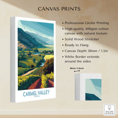 Carmel Valley California canvas wall art with mountains, vineyards, and product details