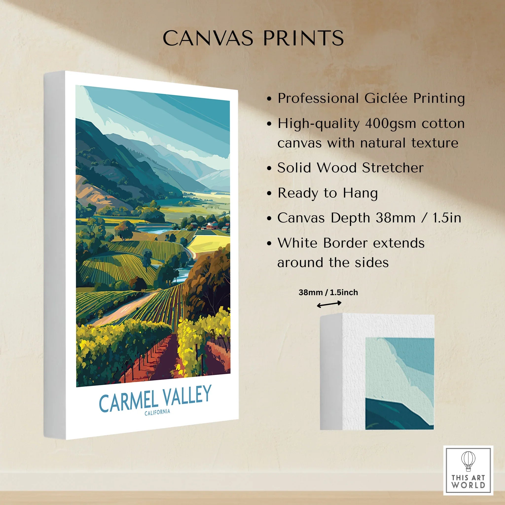 Carmel Valley California canvas wall art with mountains, vineyards, and product details
