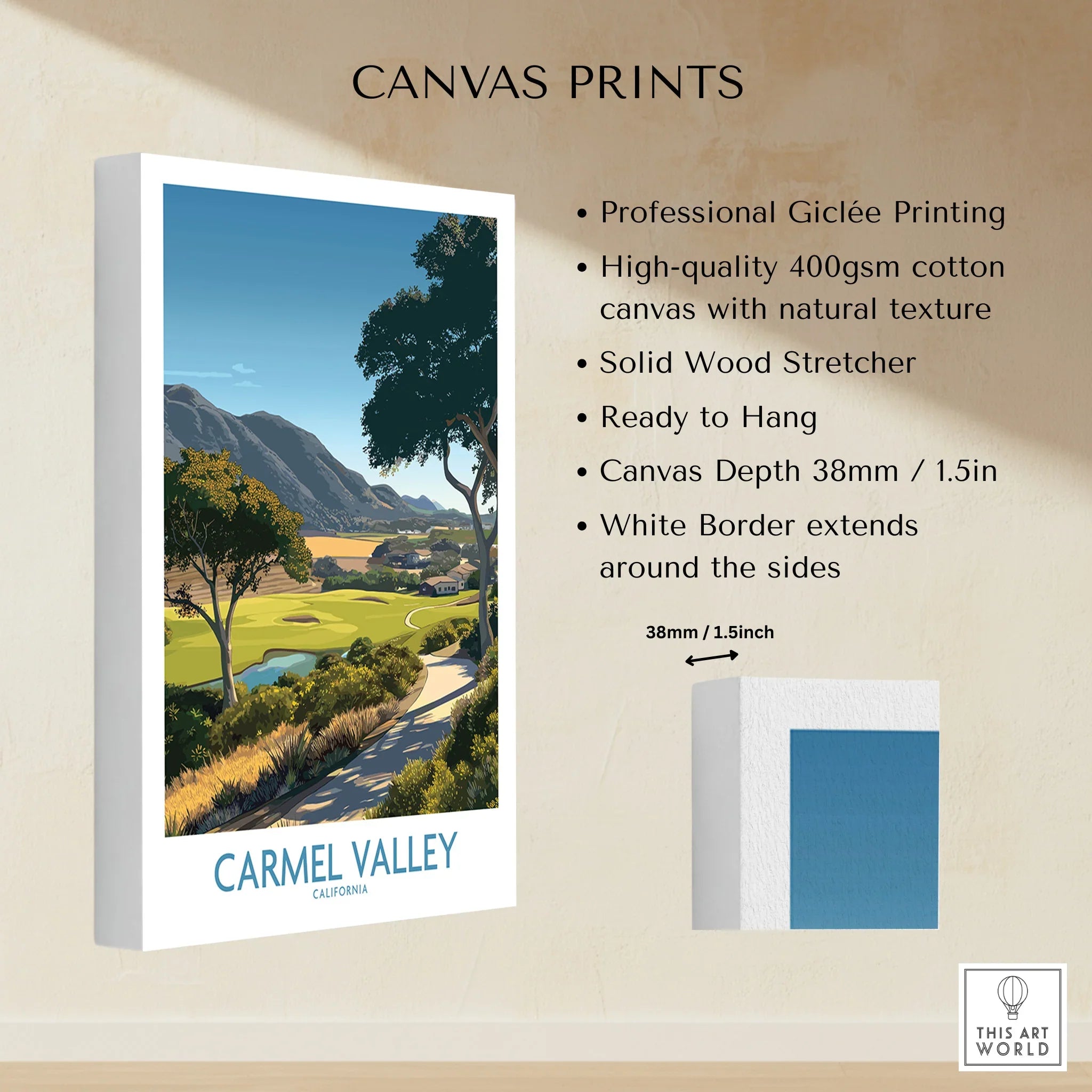 Carmel Valley California wall art canvas print with landscape illustration and white border.