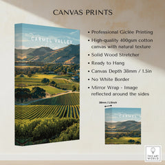 Carmel Valley California canvas wall art with vineyard landscape and canvas print features listed