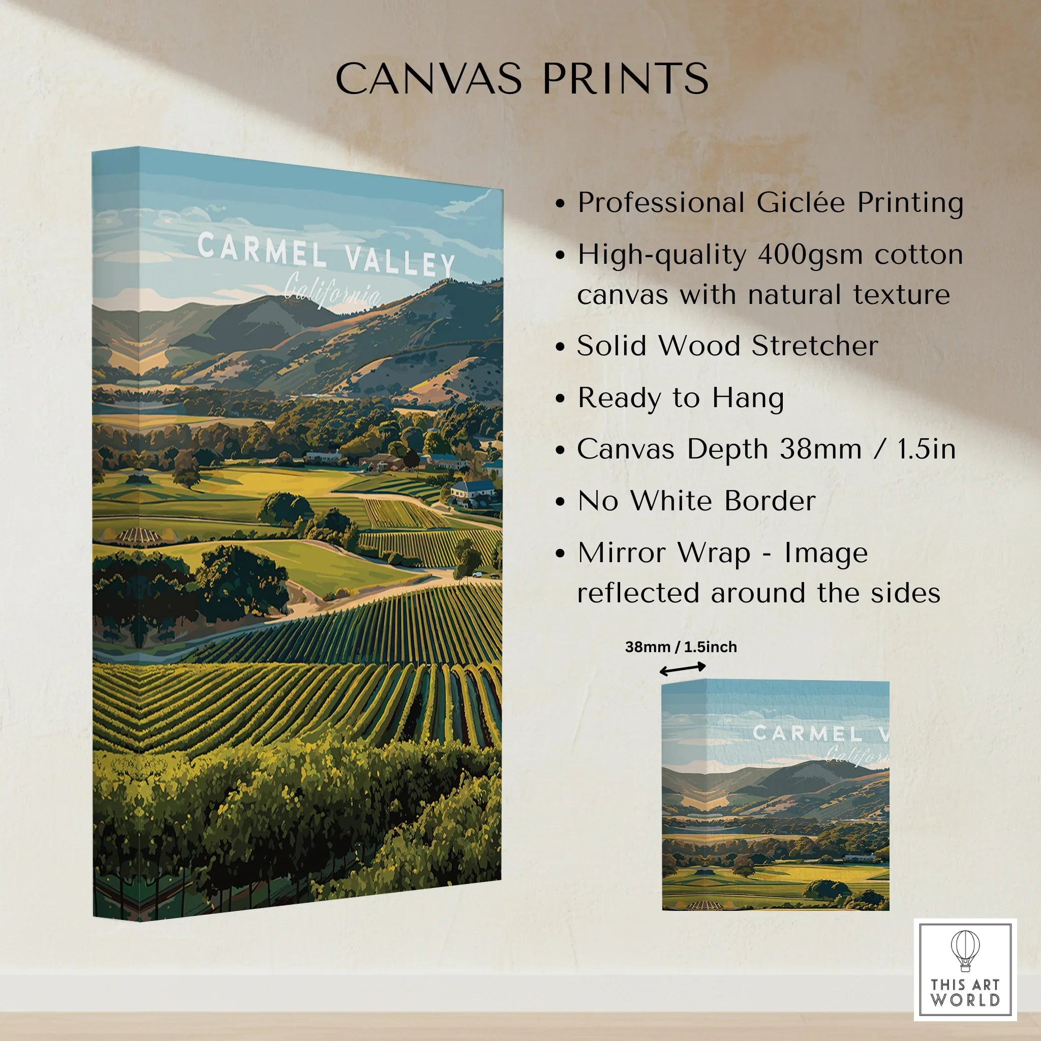 Carmel Valley California canvas wall art with vineyard landscape and canvas print features listed
