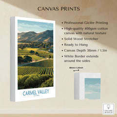 Carmel Valley California canvas print with vineyard landscape and product details on display.