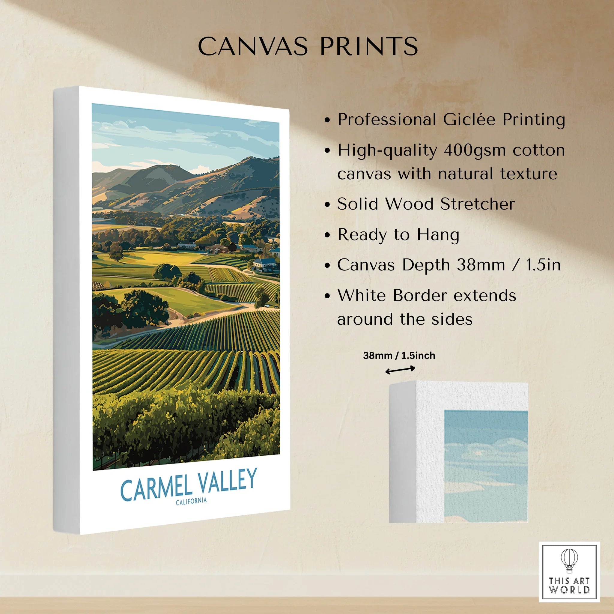 Carmel Valley California canvas print with vineyard landscape and product details on display.