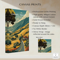 Carmel Valley California art print on cotton canvas, featuring scenic mountains and road.