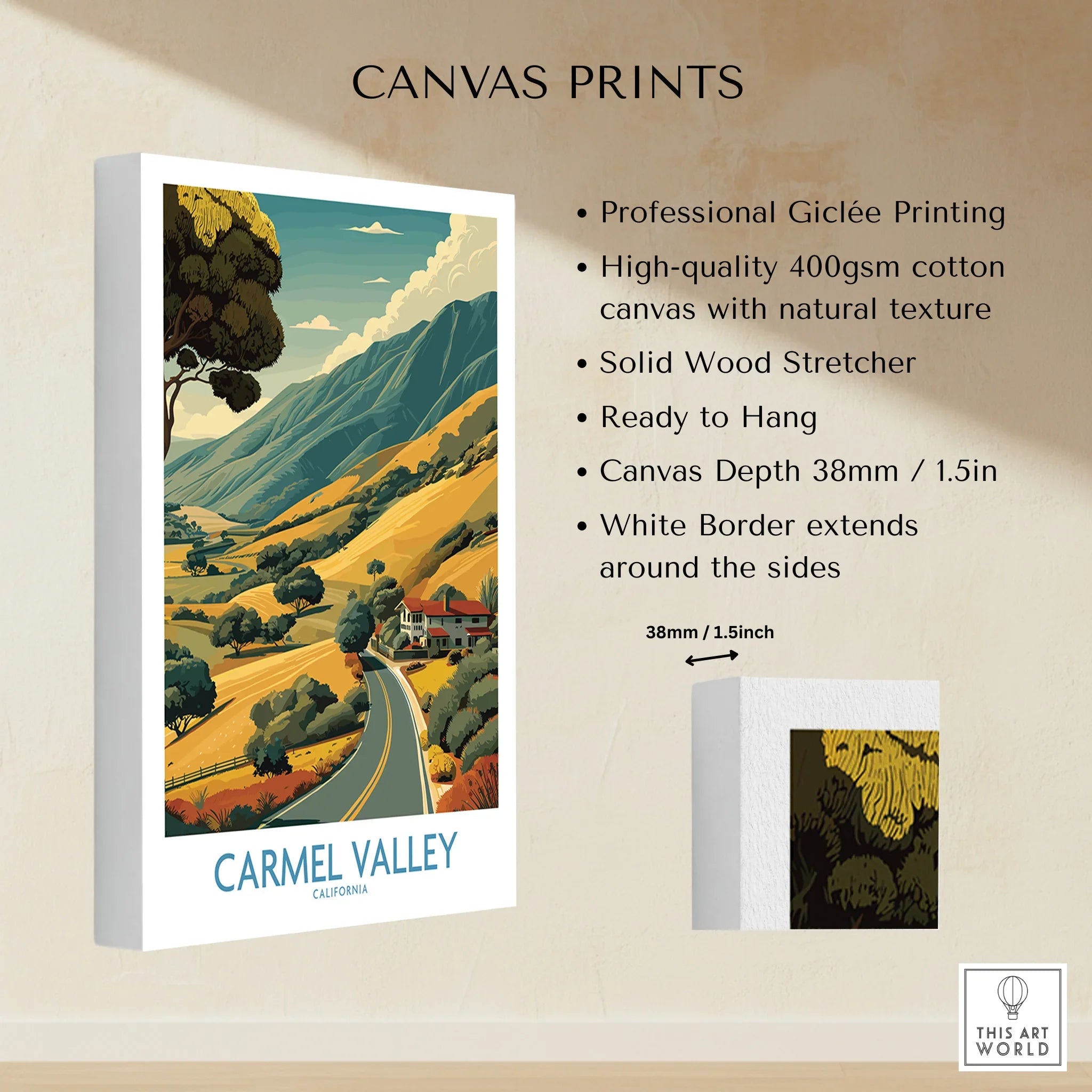 Carmel Valley California canvas print with scenic landscape, mountains, road, and trees