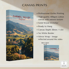 Carmel Valley California travel poster canvas print featuring scenic valley and mountains.