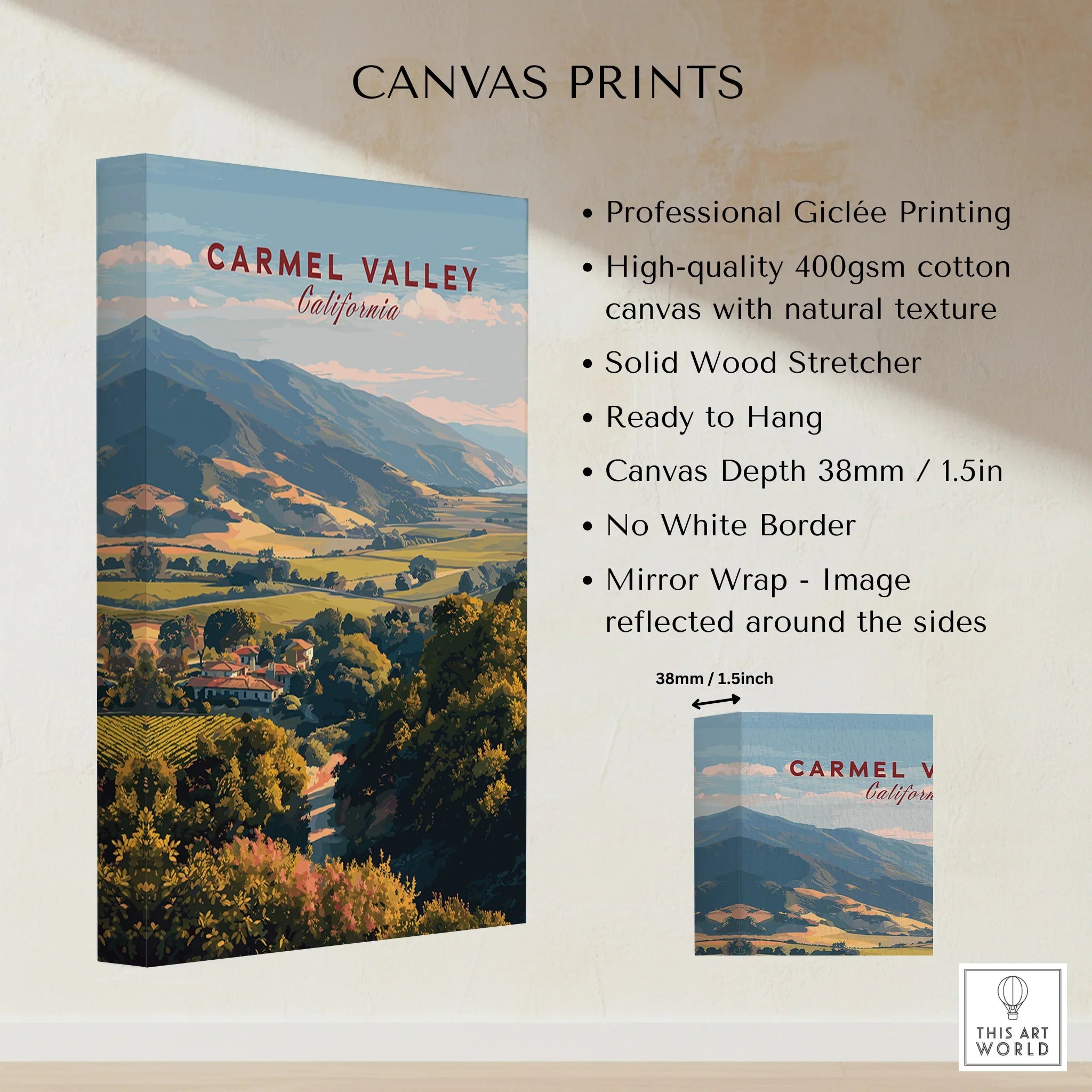 Carmel Valley California travel poster canvas print featuring scenic valley and mountains.