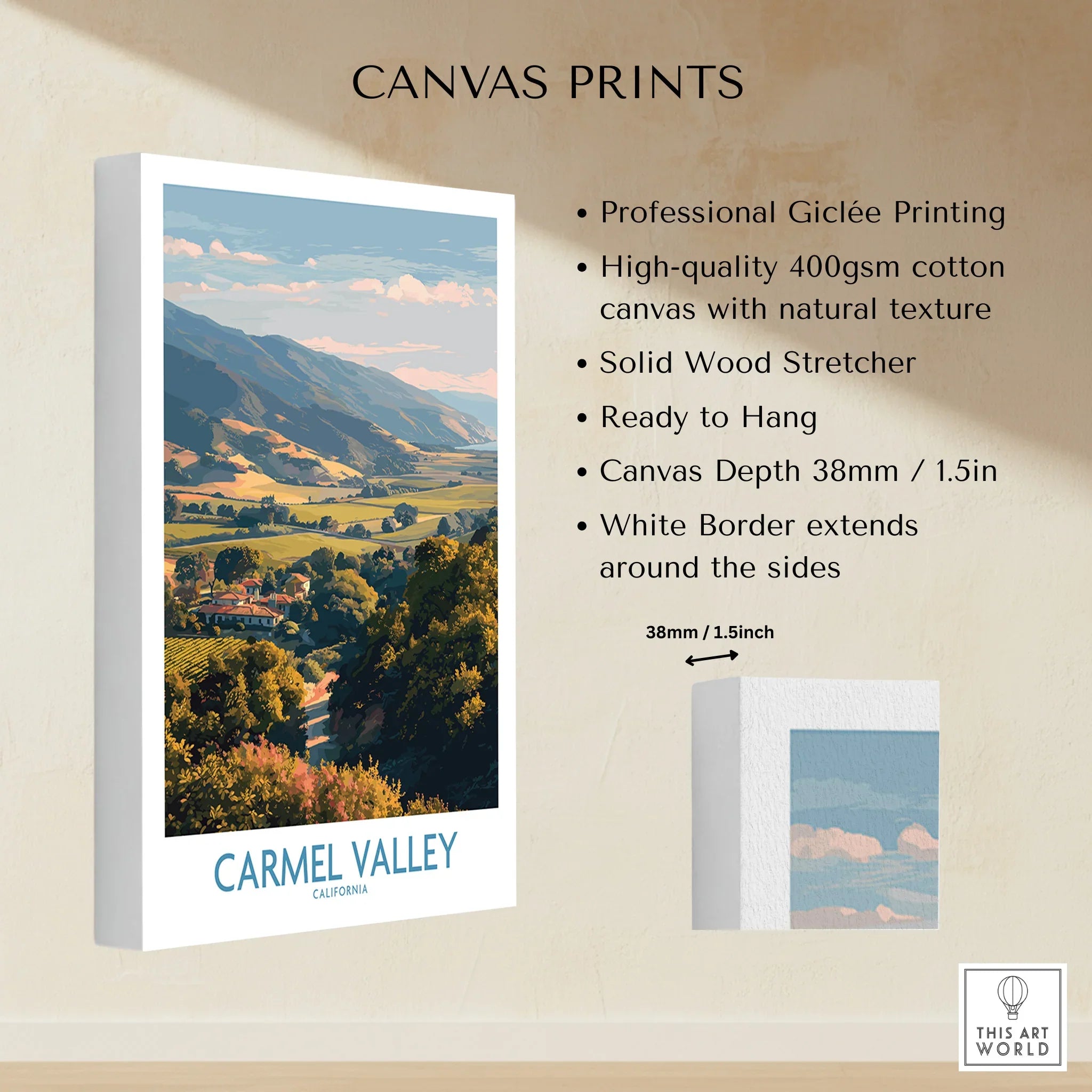 Carmel Valley California canvas print featuring scenic landscape, cotton canvas, white border