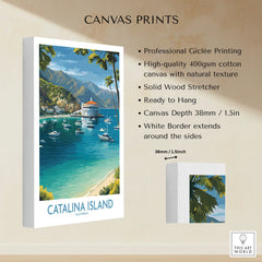Catalina Island travel poster canvas print with ocean, boats, and mountains, ready to hang.