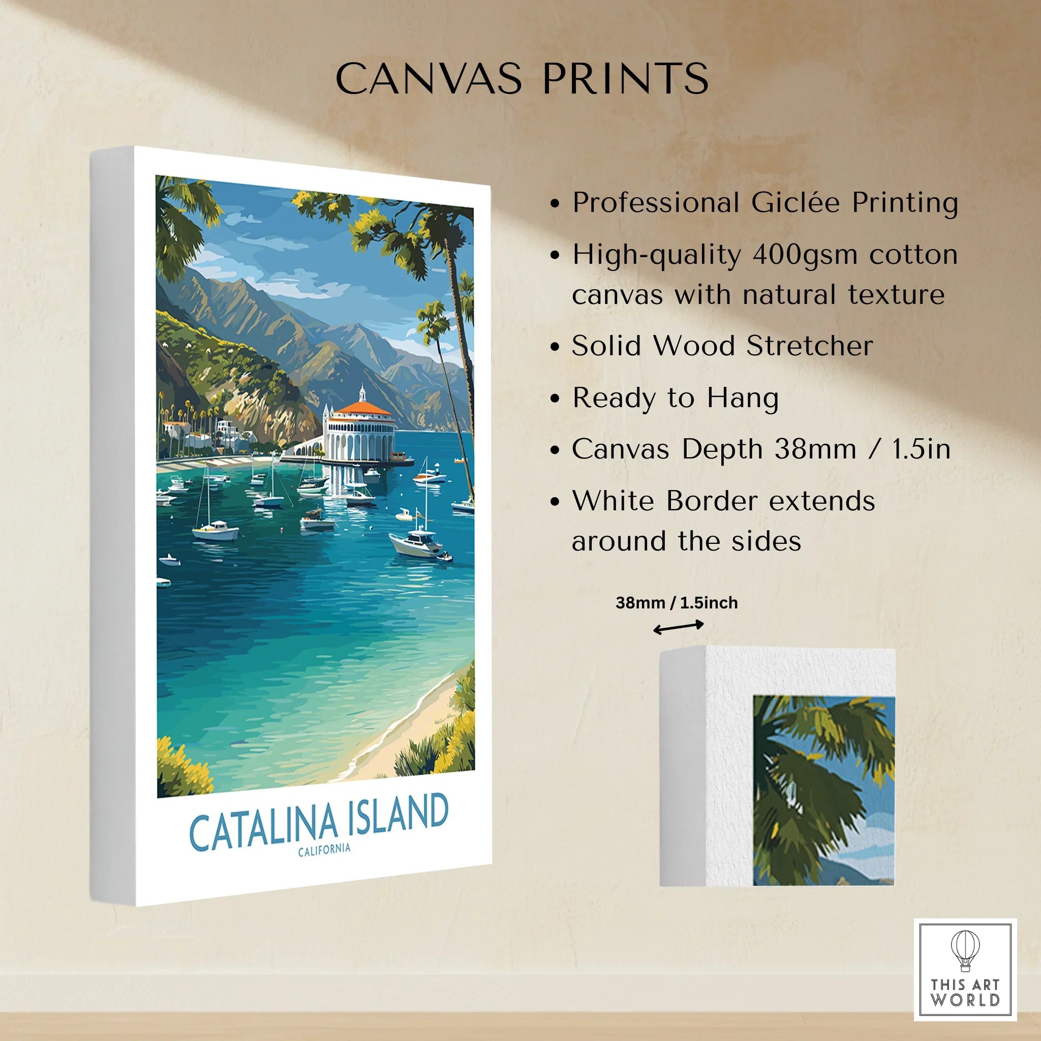 Catalina Island travel poster canvas print with ocean, boats, and mountains, ready to hang.
