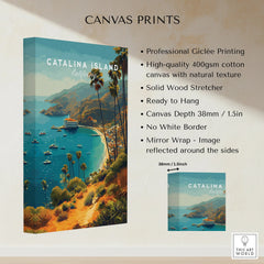 Catalina Island California canvas print with ocean view, boats, palm trees, and mountains.