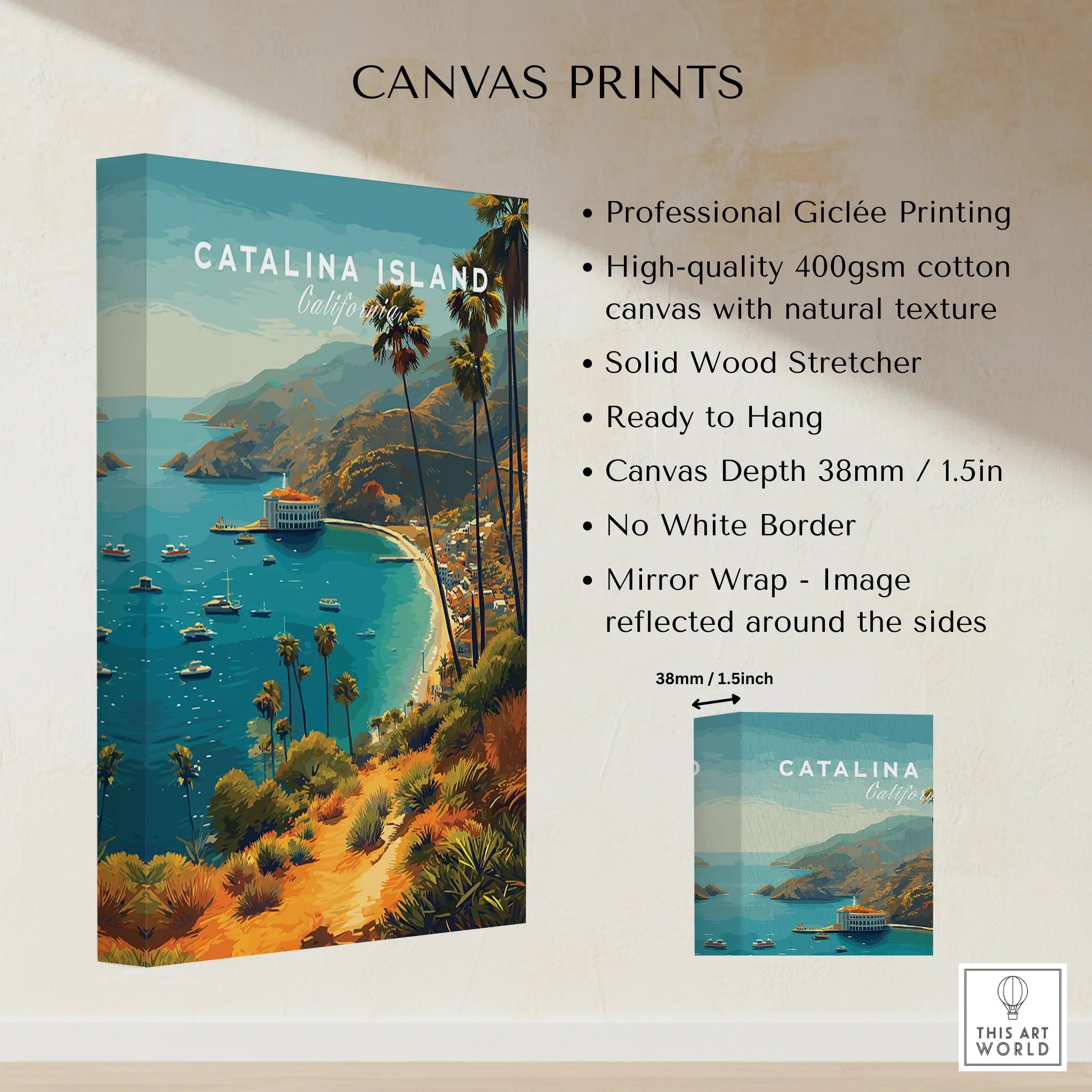 Catalina Island California canvas print with ocean view, boats, palm trees, and mountains.
