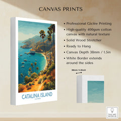 Catalina Island canvas print with coastal landscape, palm trees, and boats, wall art decor.