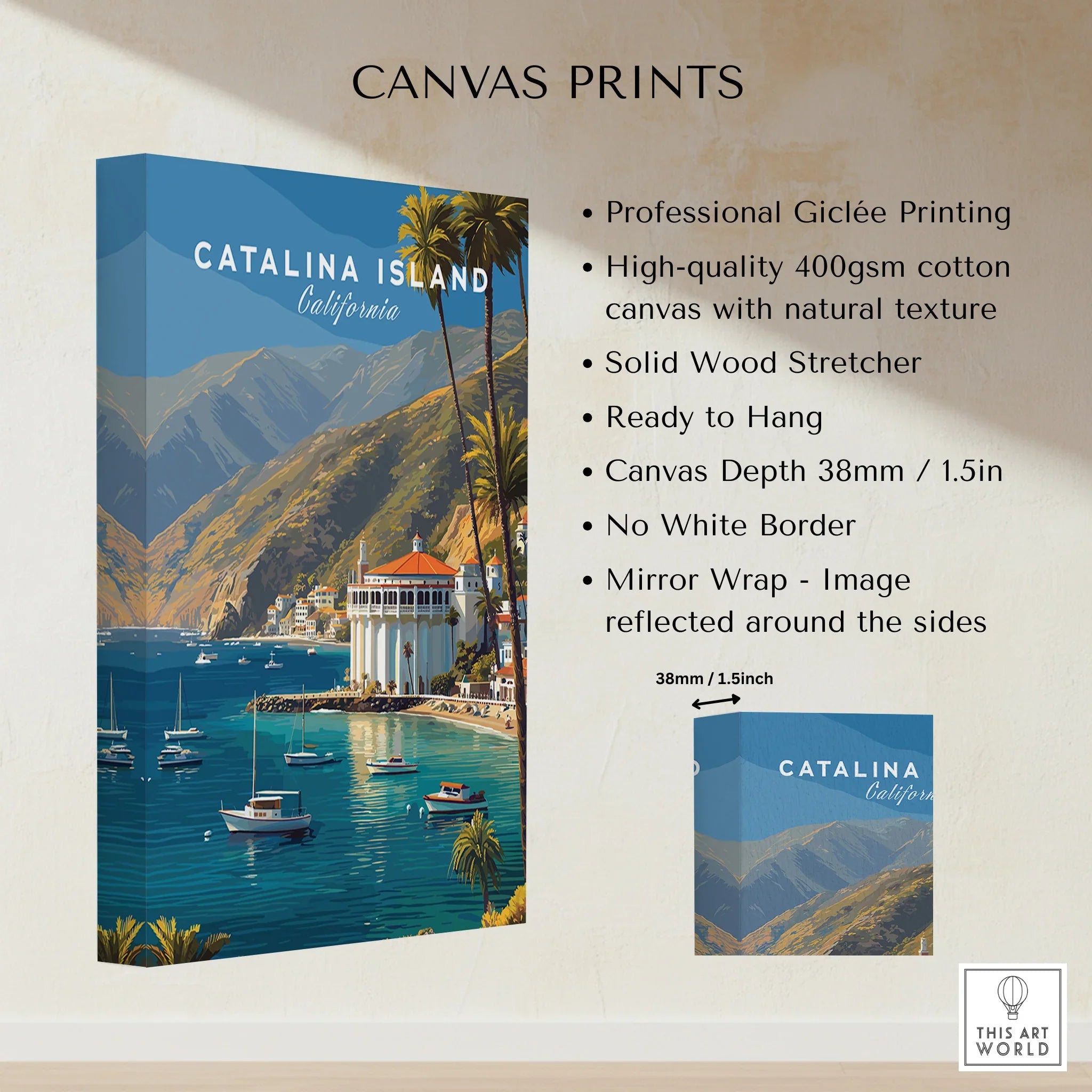 Catalina Island California canvas print with boats, mountains, and iconic casino building