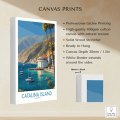 Catalina Island canvas print with colorful seaside illustration, white border, and hanging details
