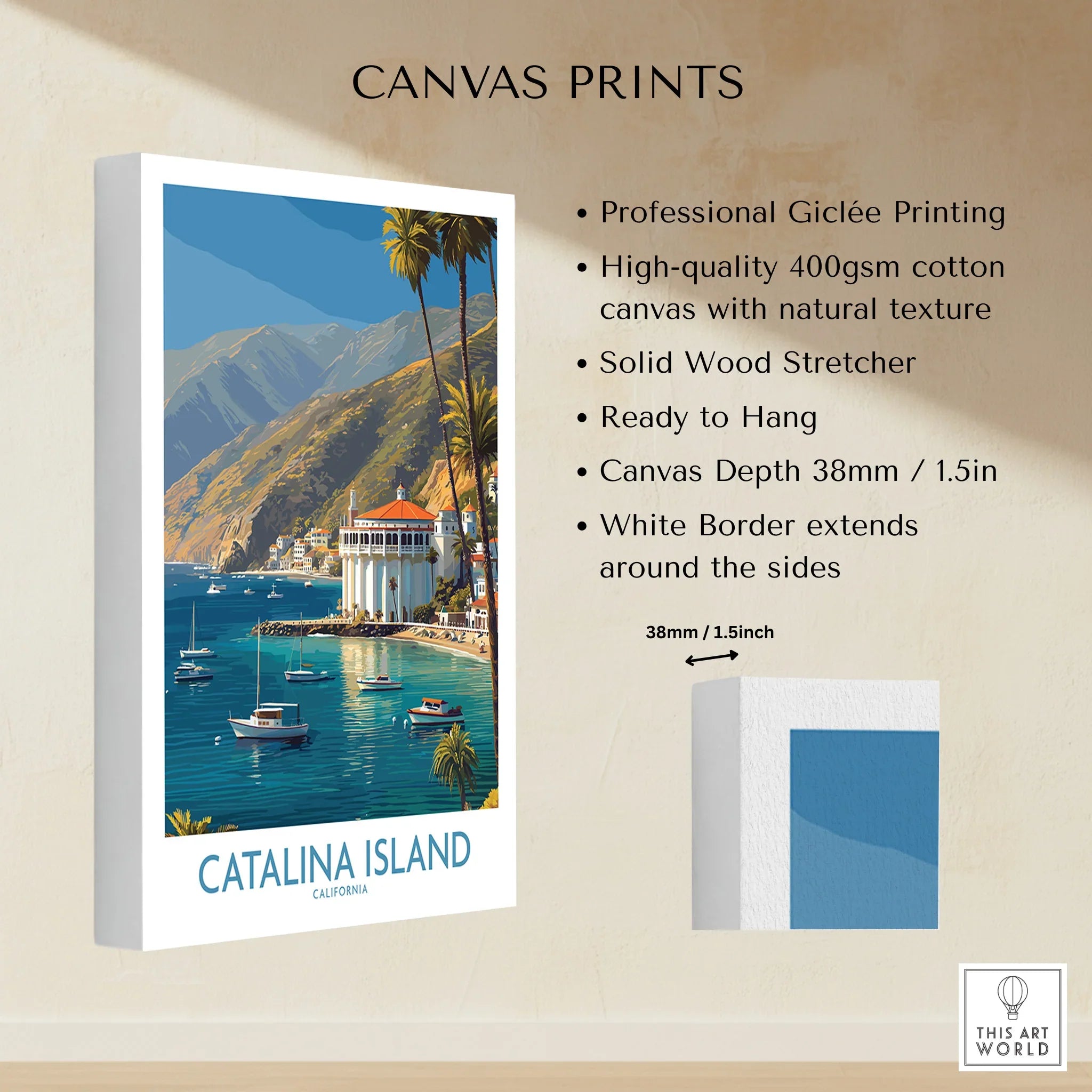 Catalina Island canvas print with colorful seaside illustration, white border, and hanging details