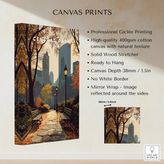 Central Park canvas wall art print showing autumn trees, city skyline, and park benches