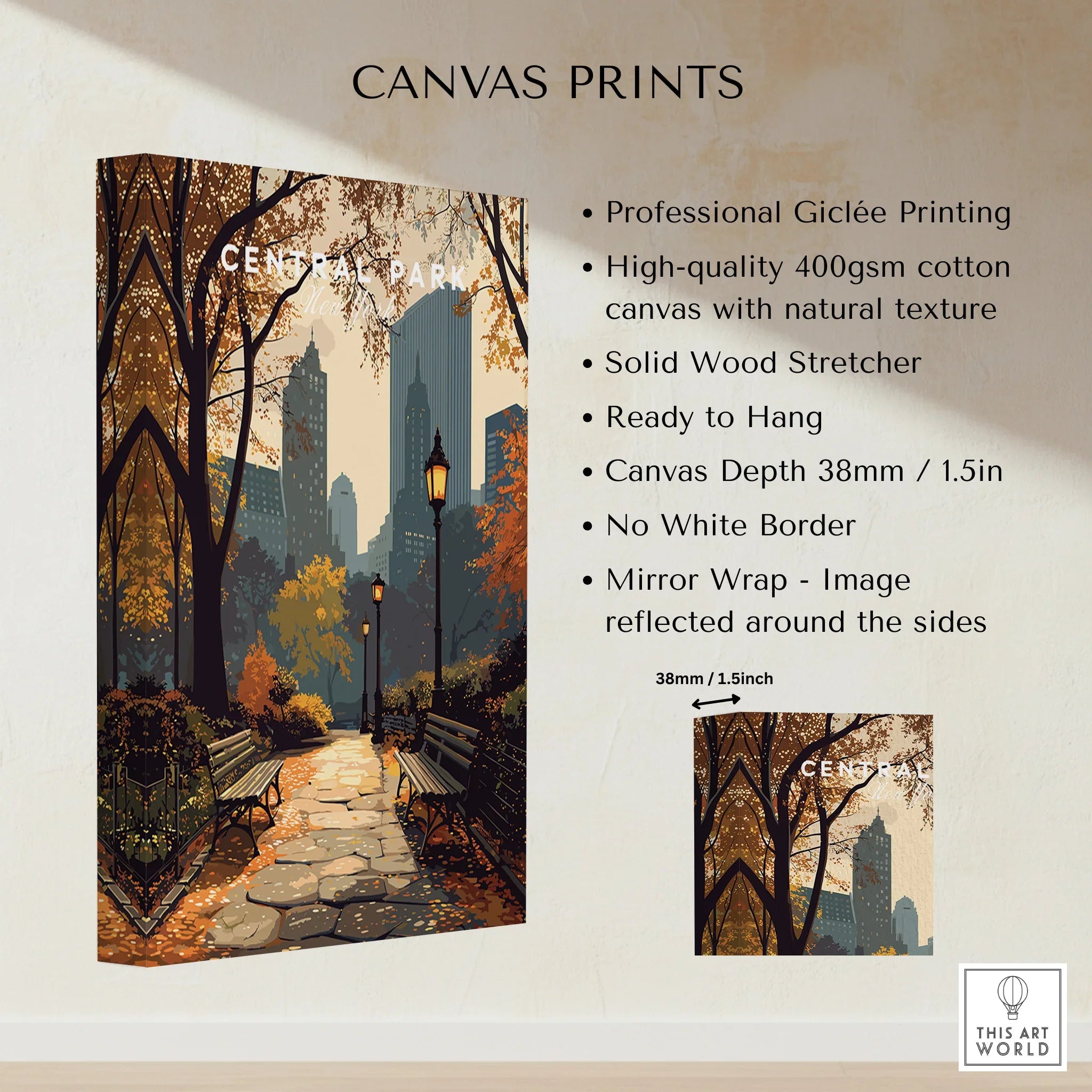 Central Park canvas wall art print showing autumn trees, city skyline, and park benches