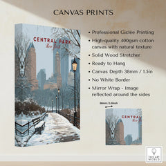 Central Park New York skyline winter canvas print with snowy path and lampposts, wall art