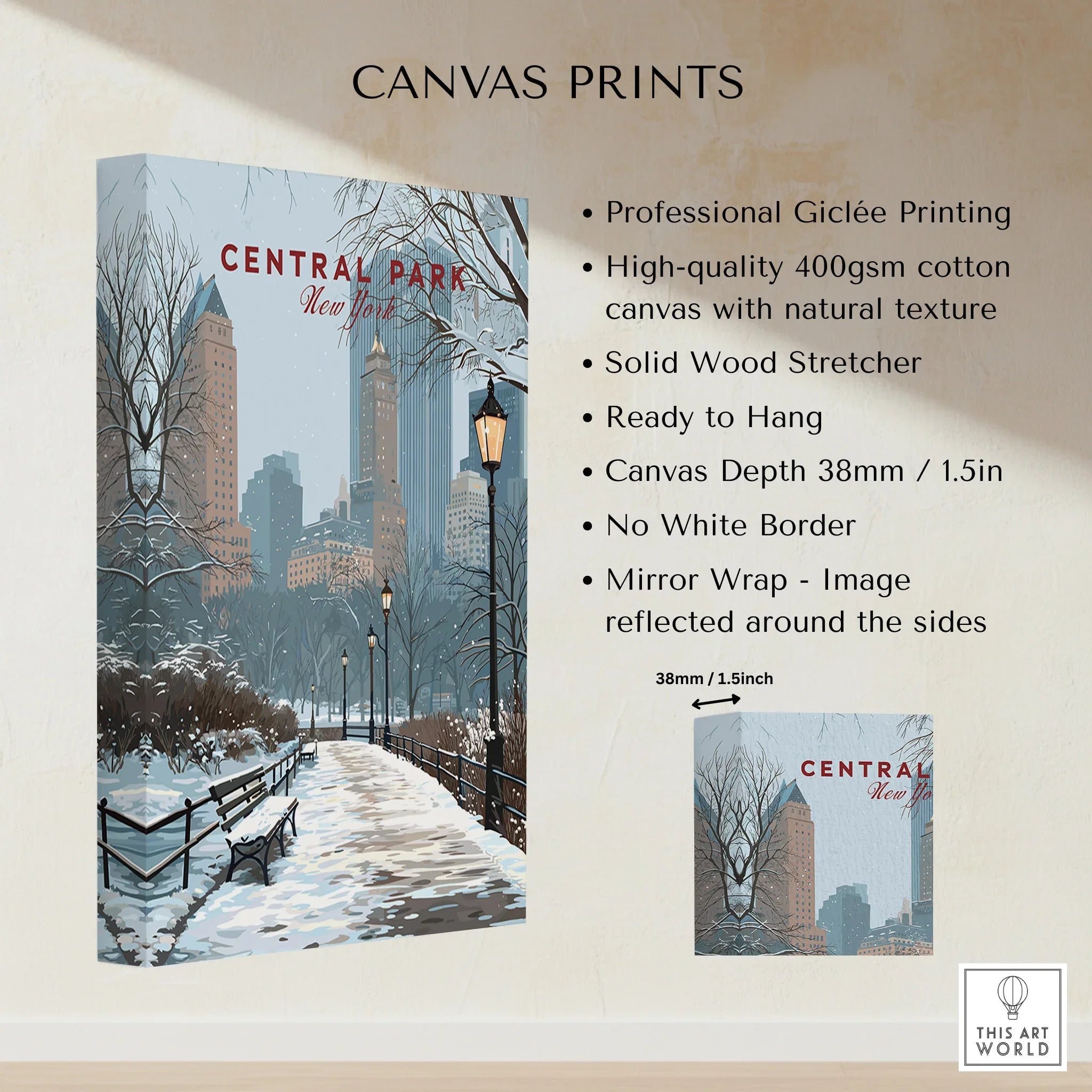 Central Park New York skyline winter canvas print with snowy path and lampposts, wall art
