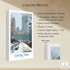 Central Park canvas print featuring snowy cityscape, stretched cotton canvas, wall art