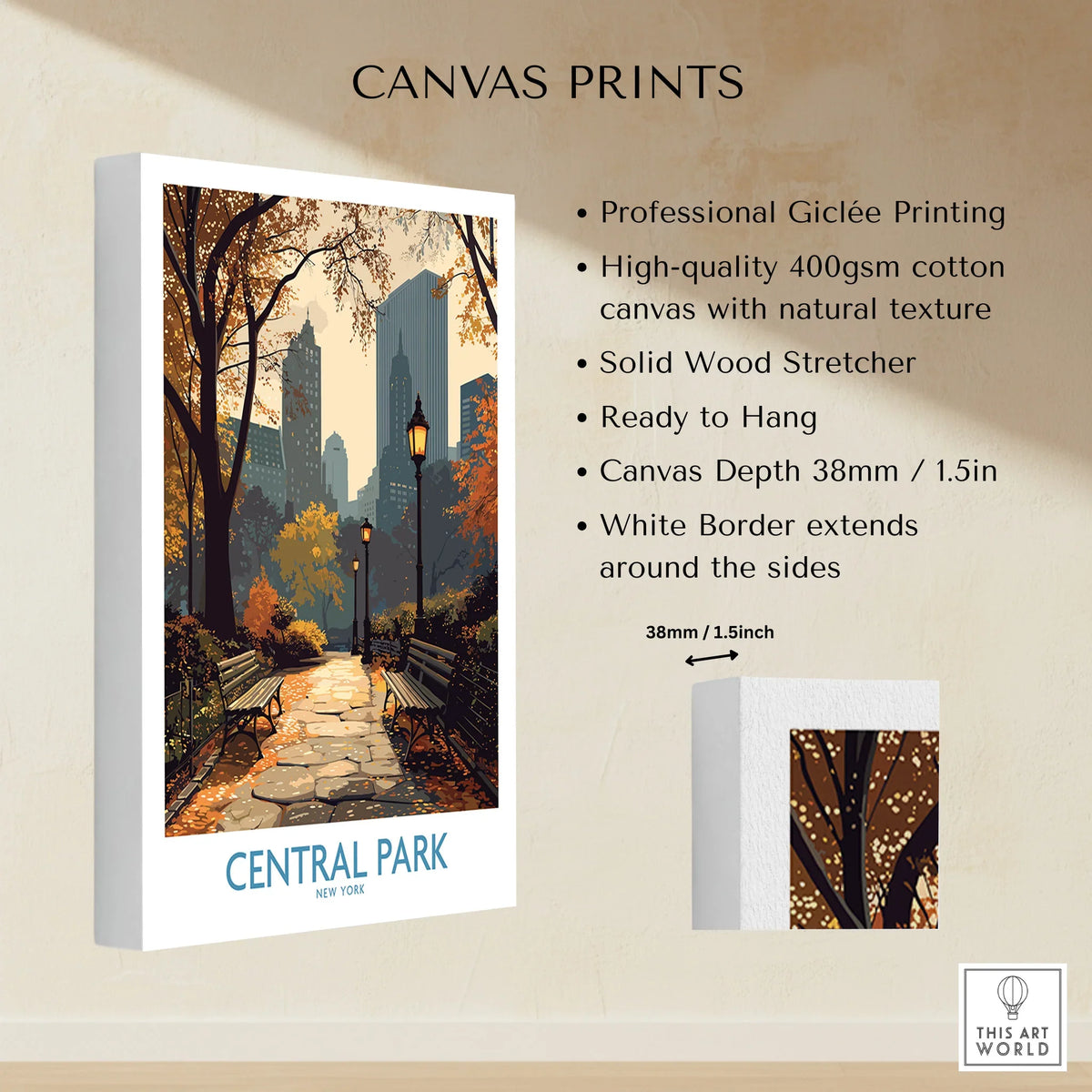 Central Park canvas print with autumn trees, skyline, and detailed cotton canvas texture
